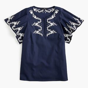 J. Crew  Flutter Sleeve Top With Embroidered Trim